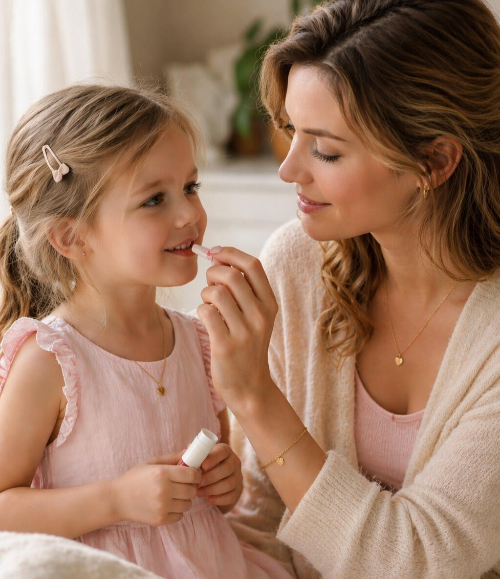 mother applying lip balm to daughter gentle safe makeup for kids bonding moment